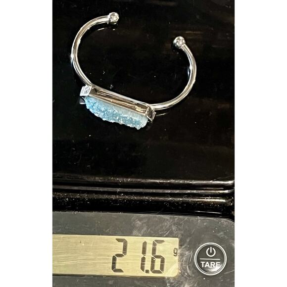 Kinsley Armelle Blue Azure Druzy Quartz Silver Tone Bangle Cuff Bracelet- Signed - Picture 11 of 12